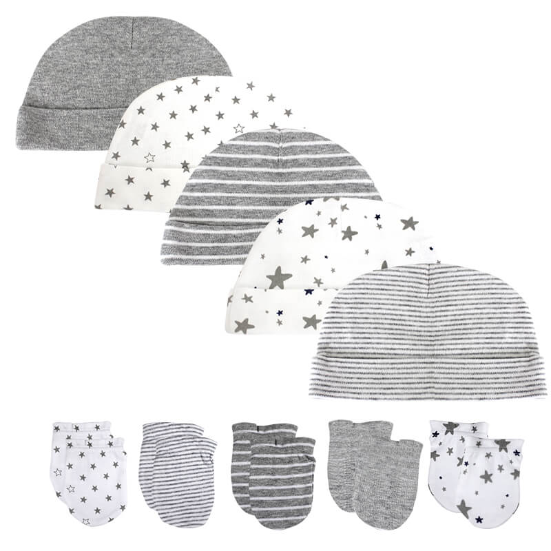 10pk-White-Star-Print-Baby-Beanie-Hats-Mittens-Set
