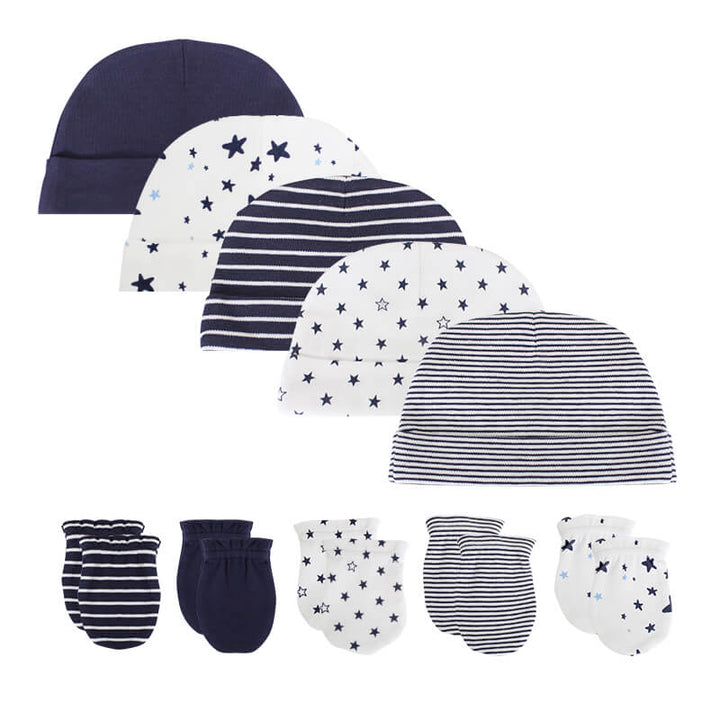 10pk-White-Stripped-Print-Baby-Beanie-Hats-Mittens-Set