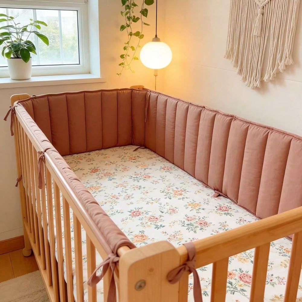 Terracotta padded cot liner around a timber cot with a floral sheet, beside a window and macramé wall hanging