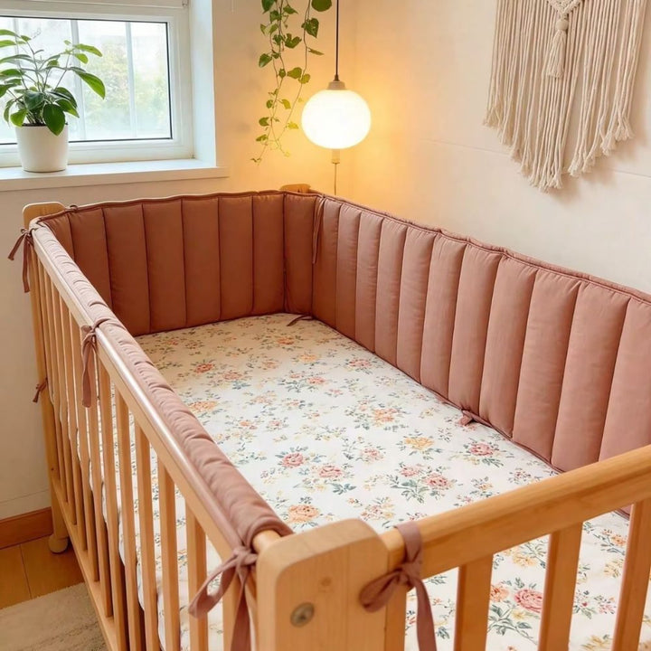Terracotta padded cot liner around a timber cot with a floral sheet, beside a window and macramé wall hanging