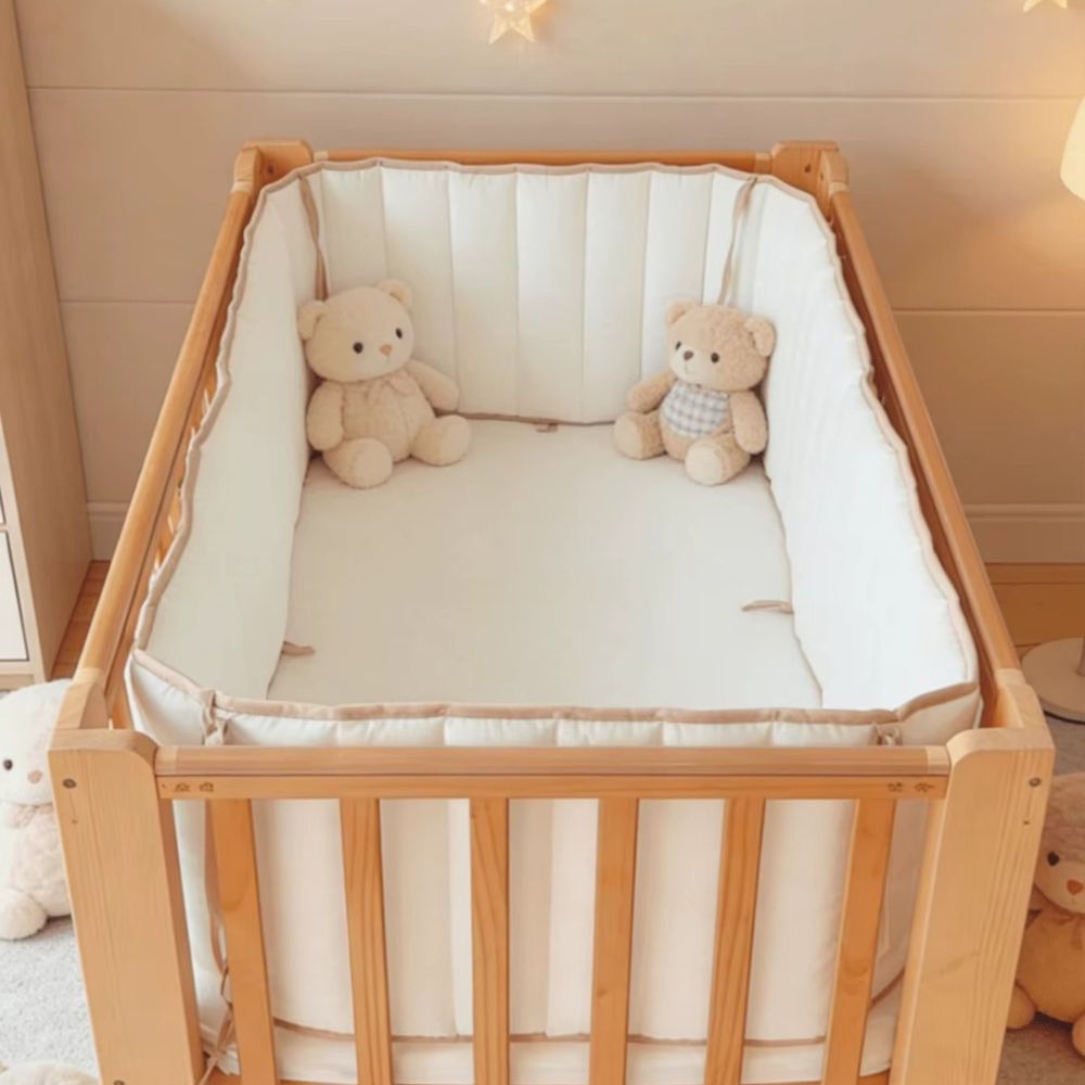 Overhead view of a white cot bumper lining all four sides of a timber cot, with two teddy bears inside