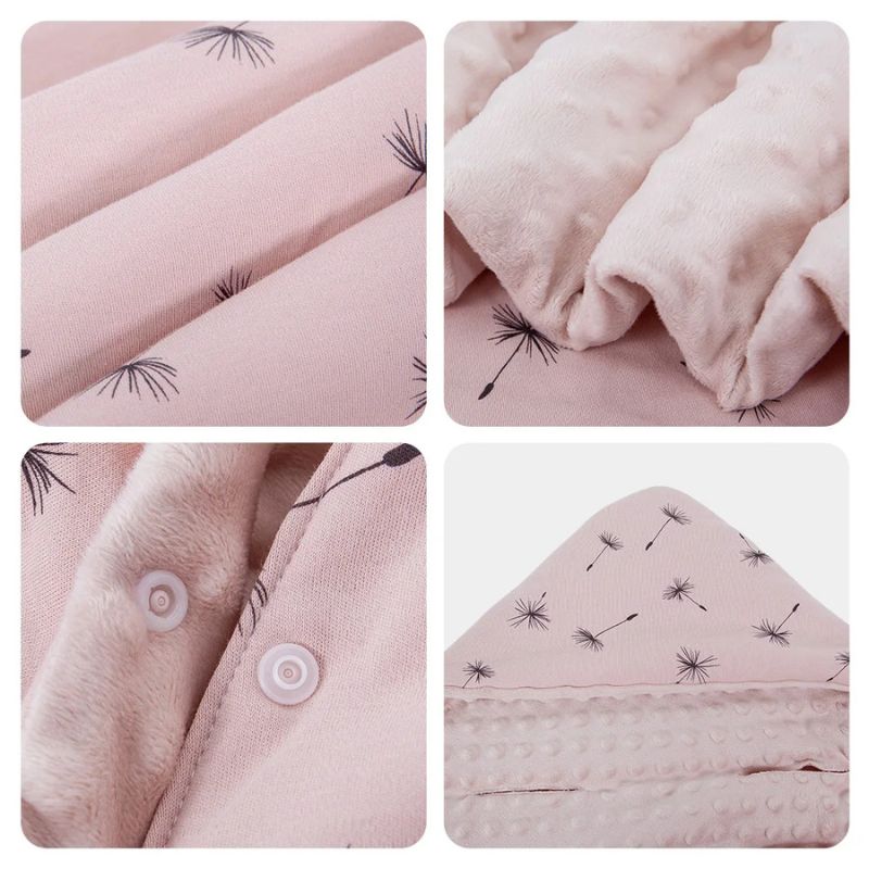 4-panel product feature layout of a hooded baby pram wrap showing the harness slots, minky dot lining fabric, plastic press studs closure, and open-flat dimensions.