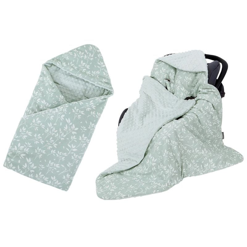 Soft cotton blend outer shell and plush sensory minky dot inner lining of an Australian universal pram wrap.
