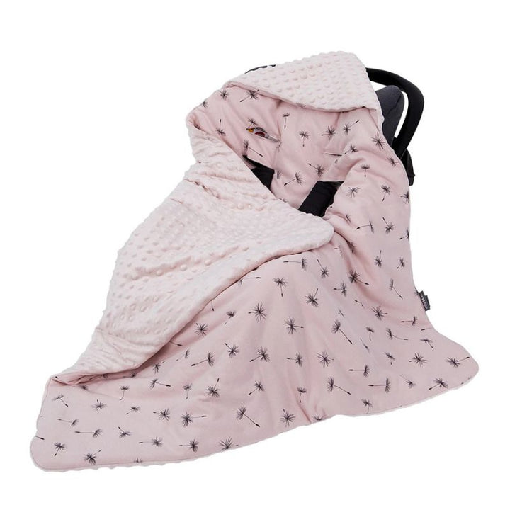Soft jersey knit cotton-polyester blend outer fabric with a dandelion print pattern on a baby stroller blanket.