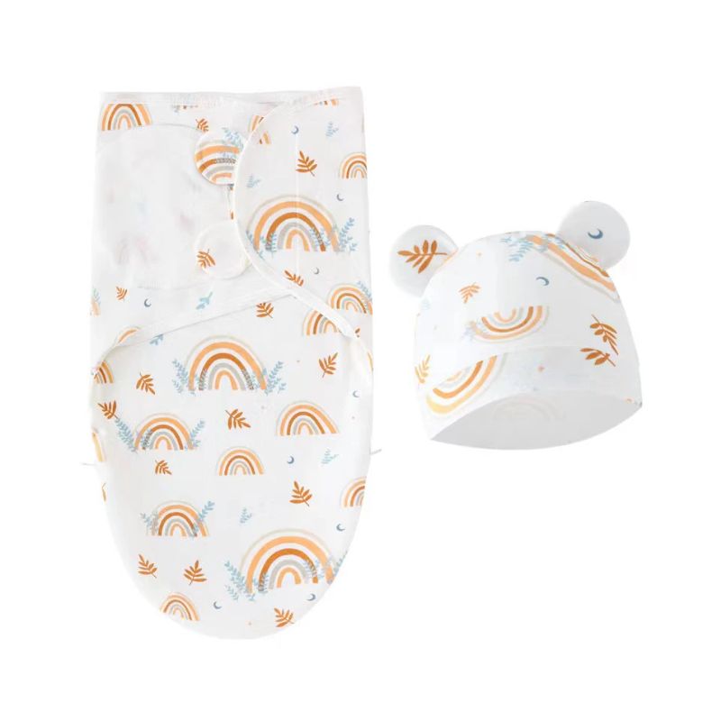 Molly Australian Baby Velcro Swaddle Wrap & Beanie Set - White with Yellow Rainbows