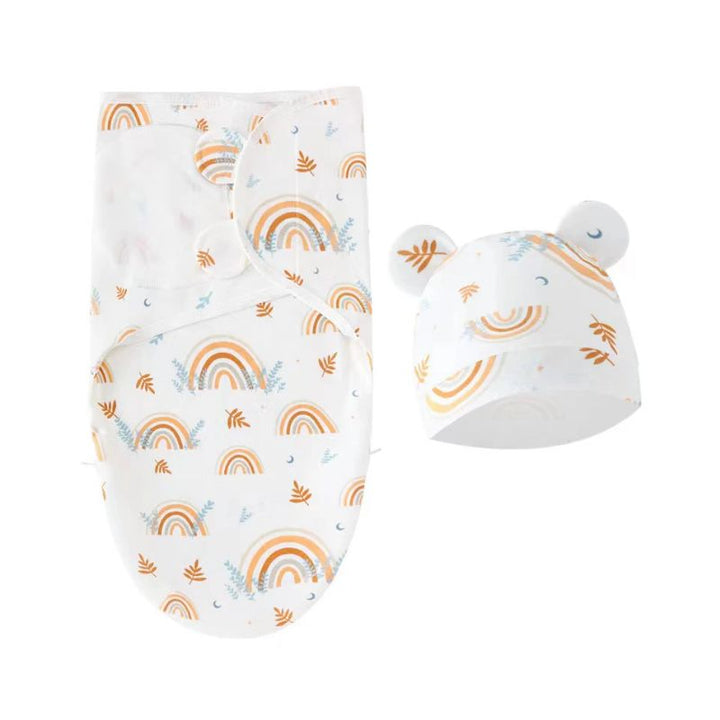 Molly Australian Baby Velcro Swaddle Wrap & Beanie Set - White with Yellow Rainbows