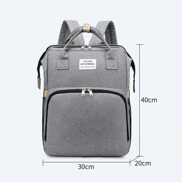 Foldable nappy bag backpack shown with 40 x 30 x 20cm dimensions