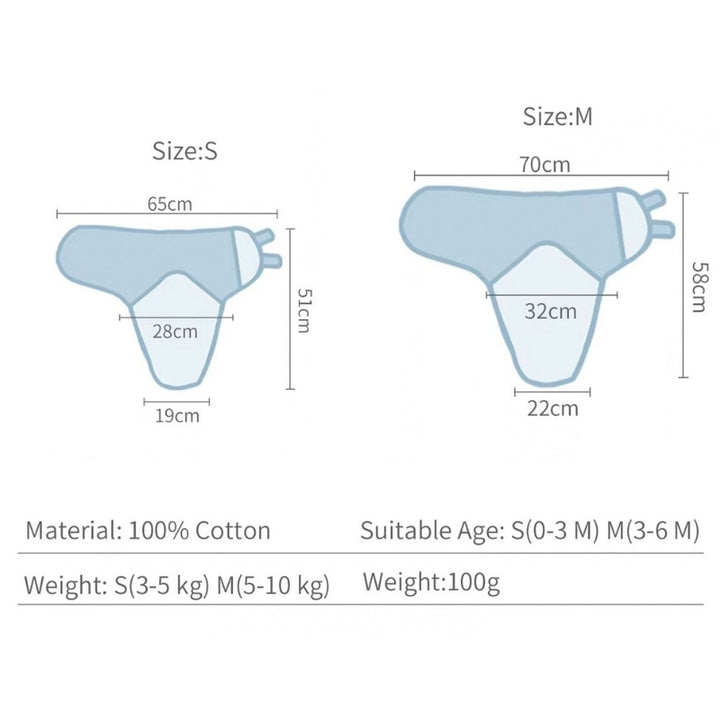 Size chart with S and M measurements, ages and weights