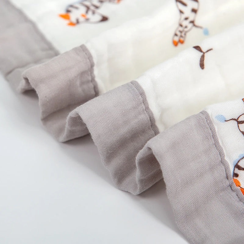 Close view of grey bound edges and stitched corners
