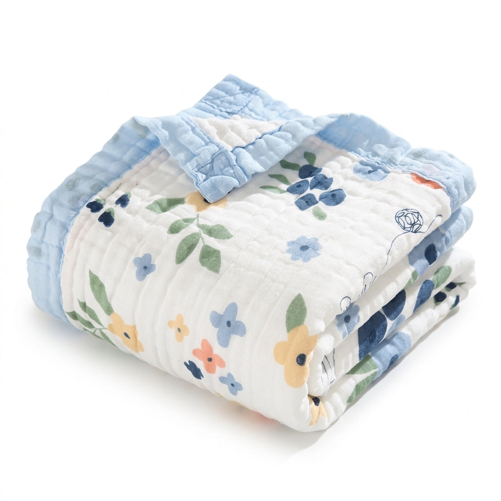 Folded floral muslin blanket with blue bound edge on white