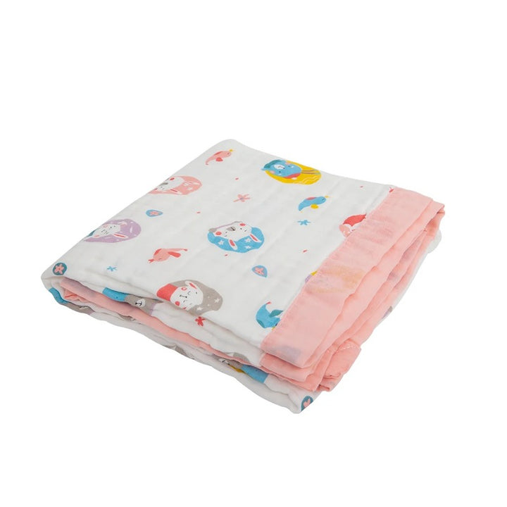 Pink rabbit print baby wrap folded on white background