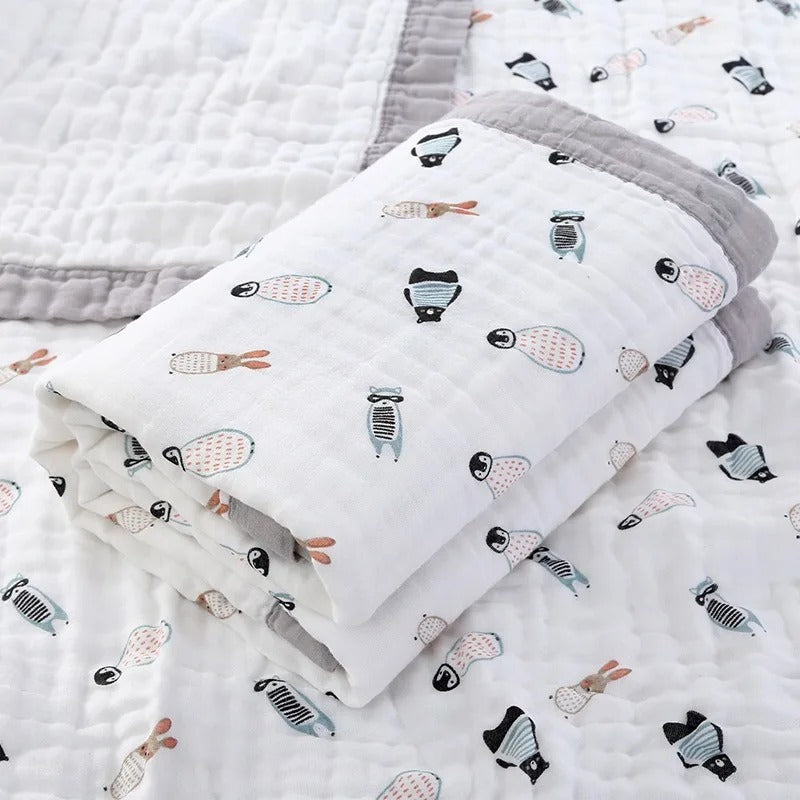 Folded muslin wrap with polar animal print and grey border