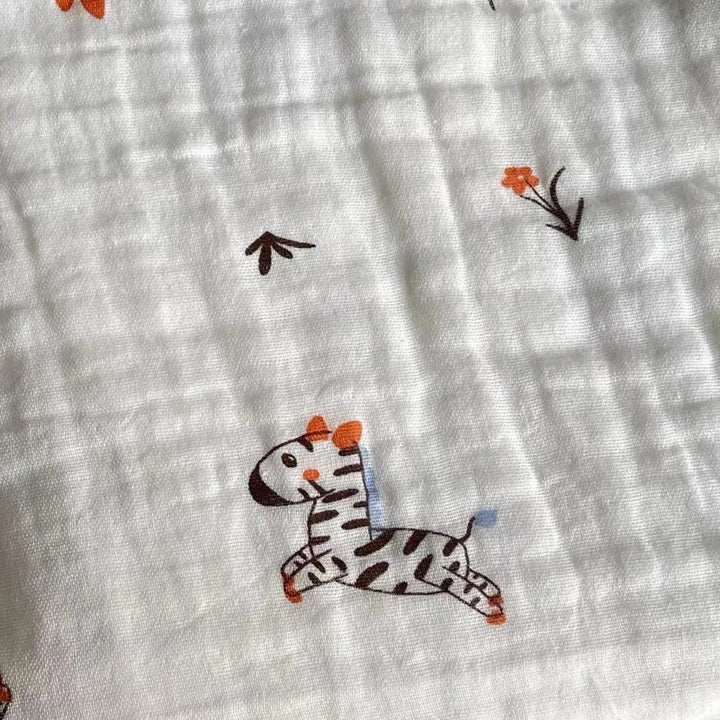 Close view of zebra print on textured cotton gauze