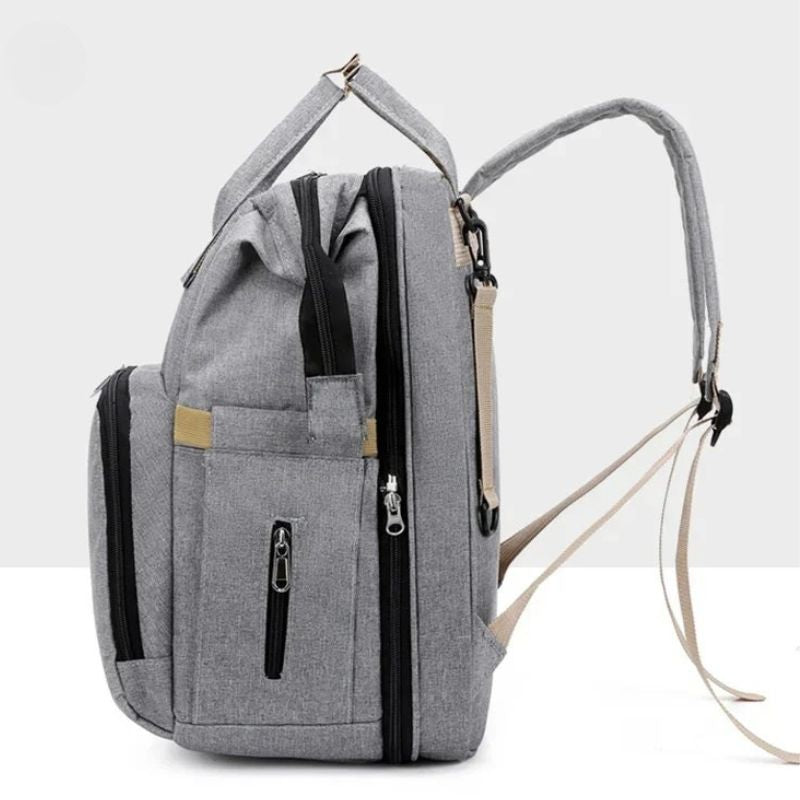 Gray Nappy bag backpack for nappies, wipes, and baby essentials