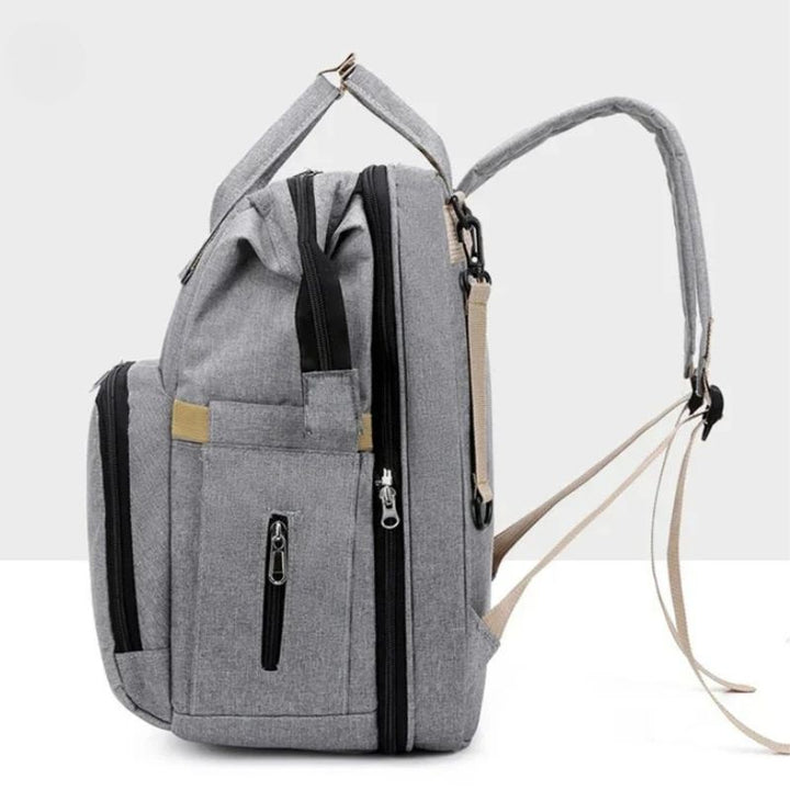 Gray Nappy bag backpack for nappies, wipes, and baby essentials