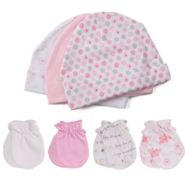 7pk-Pink-Flower-Print-Baby-Beanie-Hats-Mittens-Set