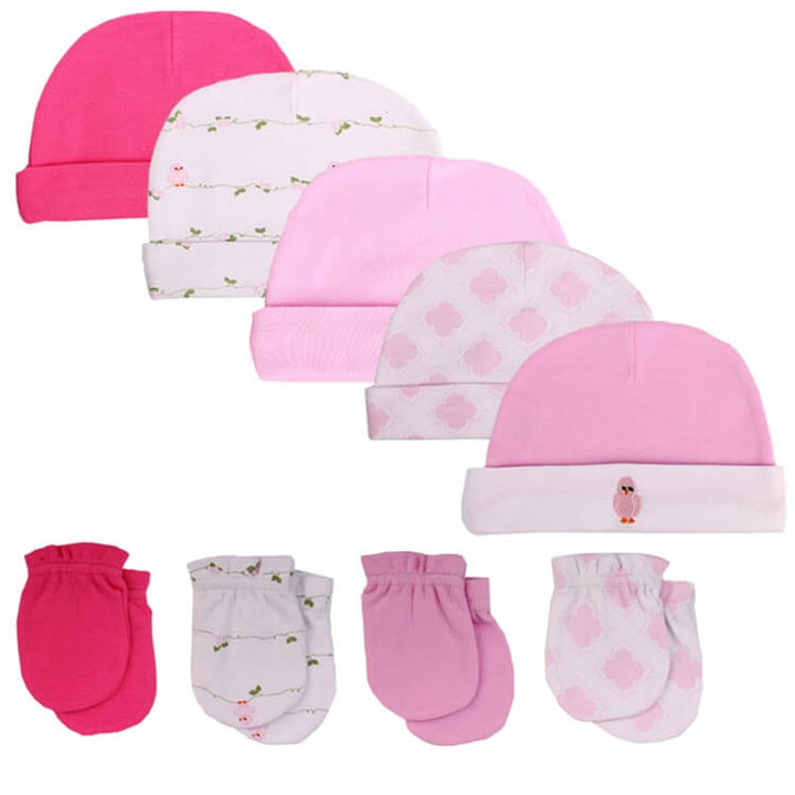 9pk-Pink-Baby-Beanie-Hats-Mittens-Set